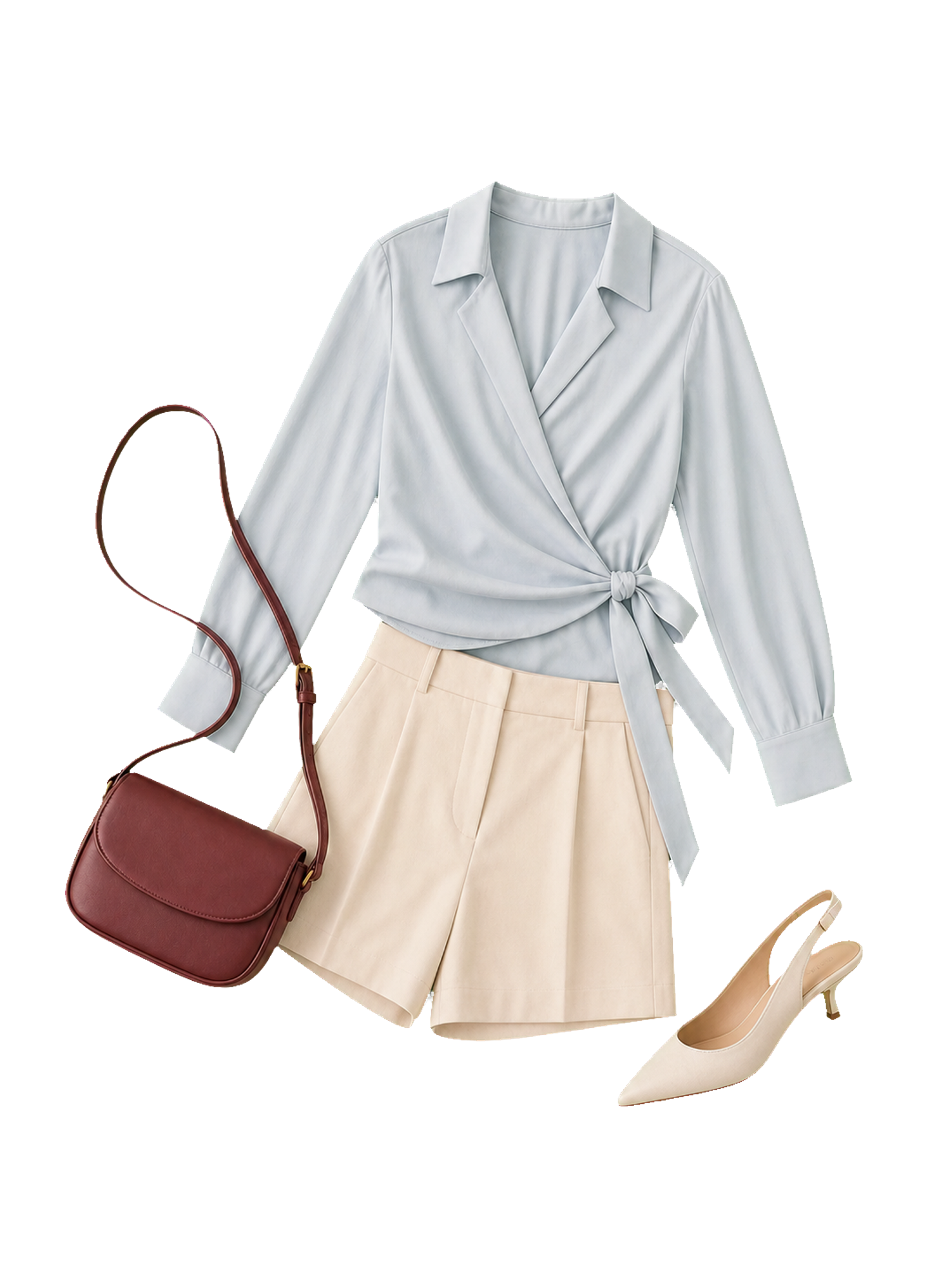 Powder-blue wrap blouse, tailored ivory shorts, burgundy crossbody bag, and ivory pumps.