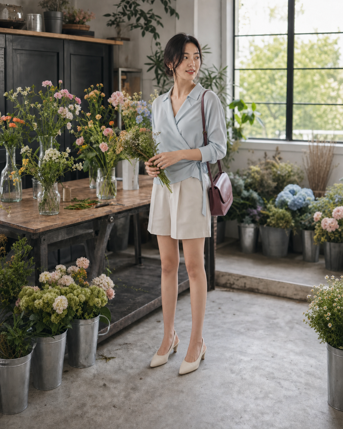 Woman wearing a mist-blue wrap blouse and stone shorts in a flower studio.