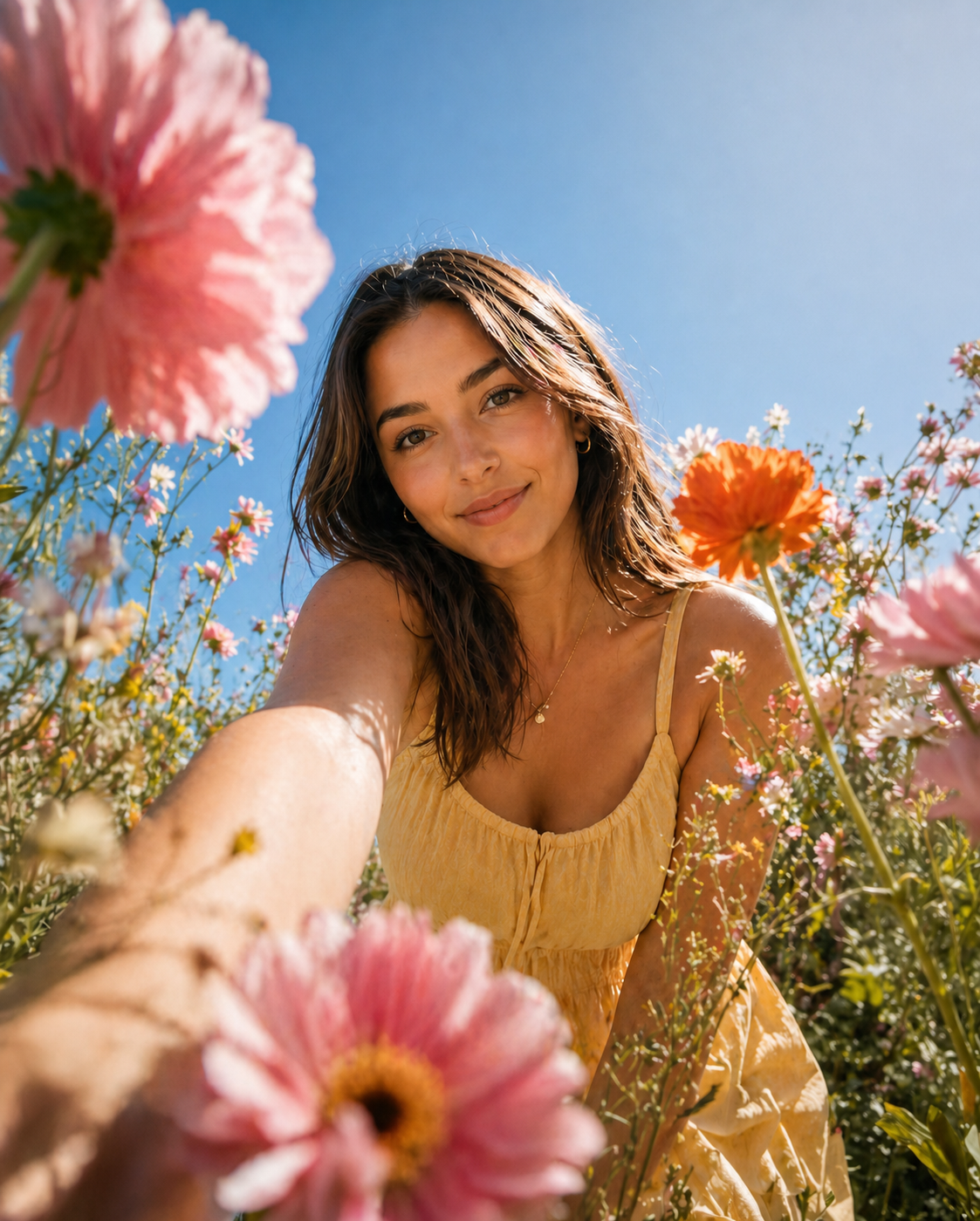 Woman taking a clear selfie in natural light among summer flowers